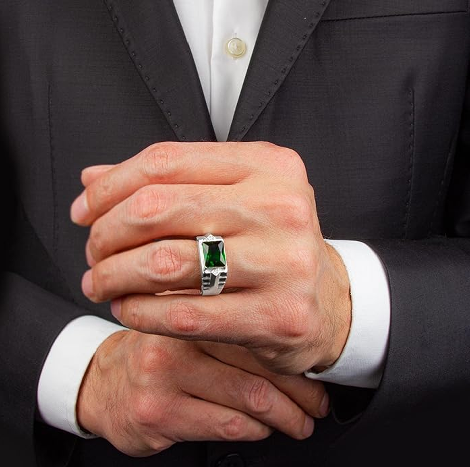 10K White Gold Emerald & 2 Diamond Accents Band Fine Jewelry for Dad Husband
