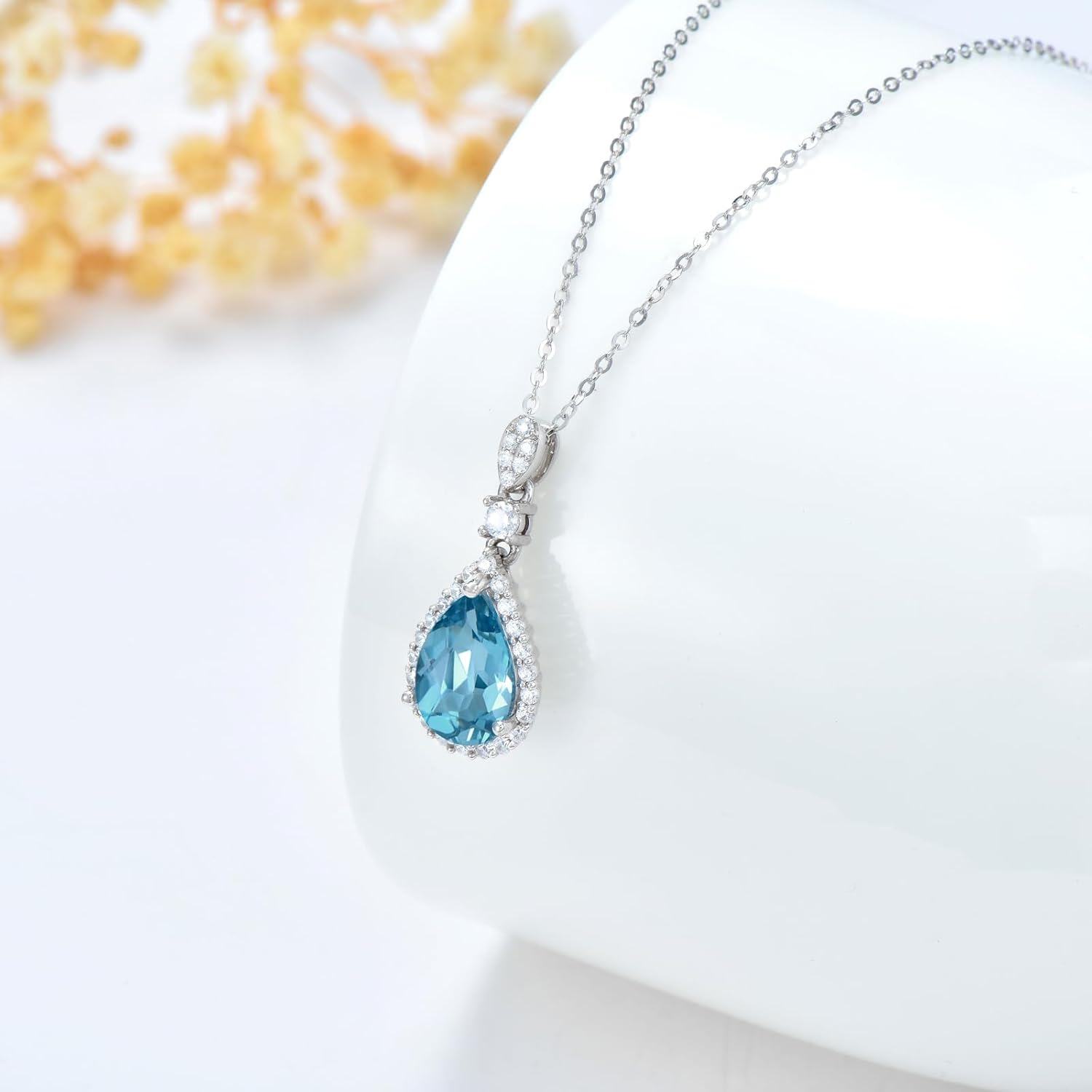 10K White Gold Topaz Drop Shape Necklace for Women