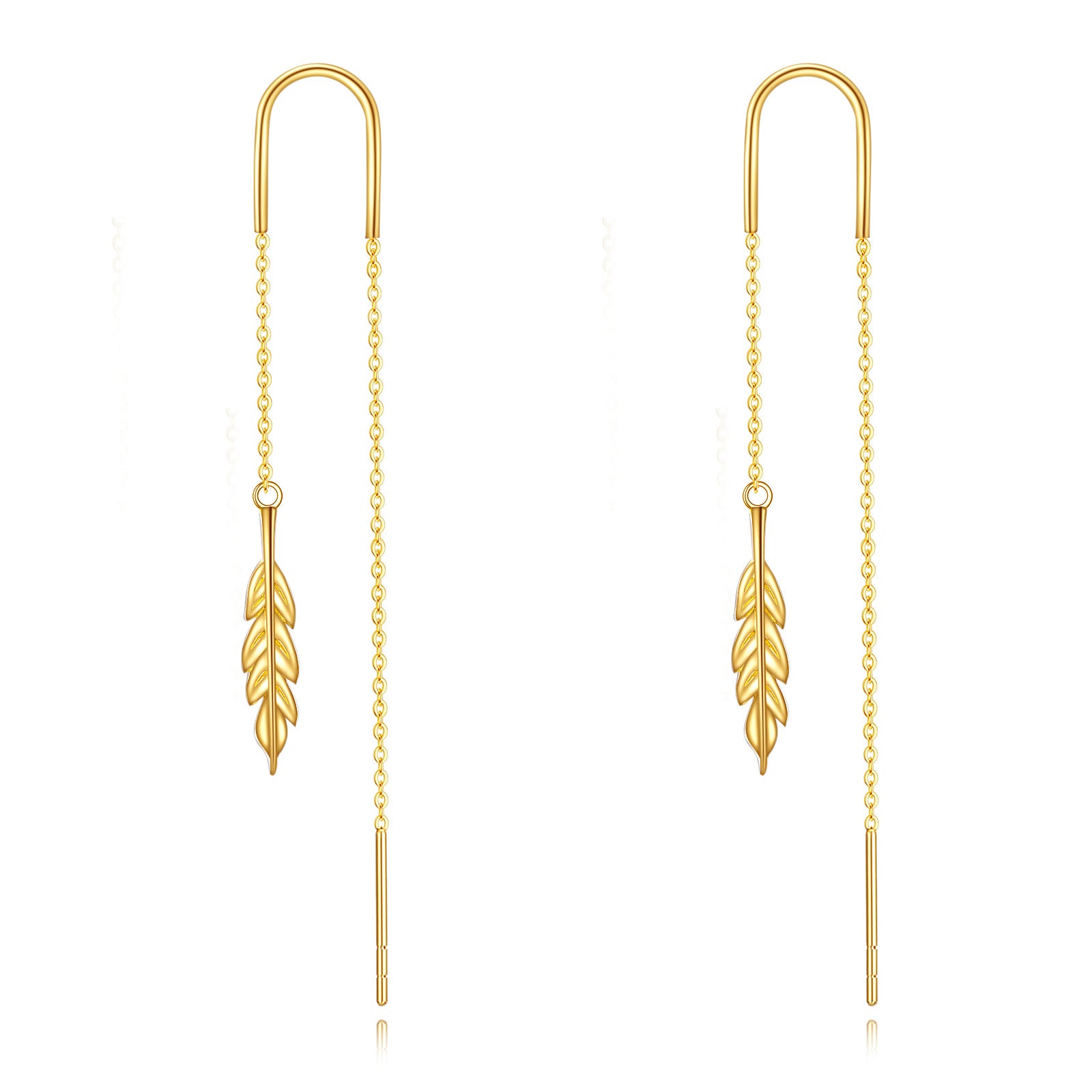10K Yellow Gold Feather Pull Through Threader Drop Earrings
