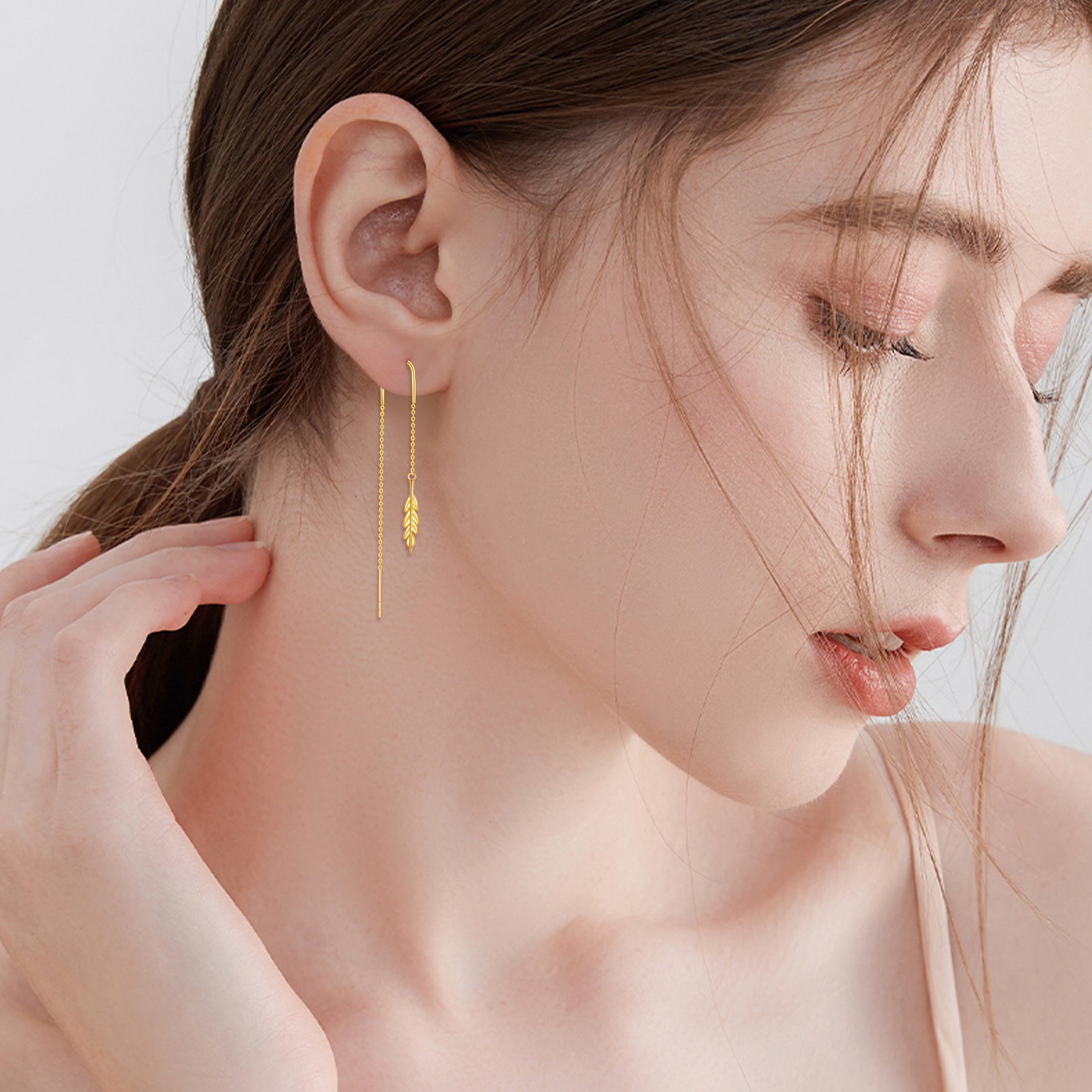 10K Yellow Gold Feather Pull Through Threader Drop Earrings