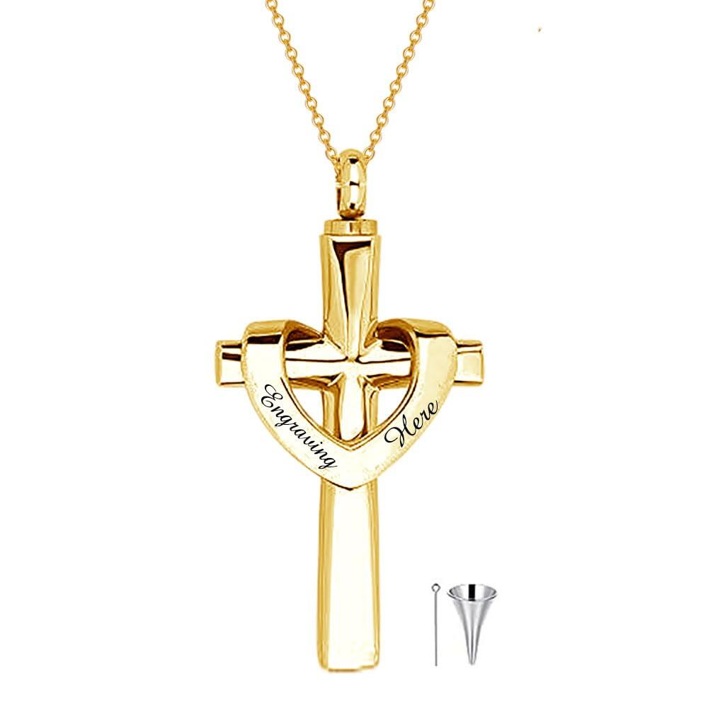 10K Yellow Gold Personalized Engraving Cross Heart Urn Cremation Necklace for Ashes
