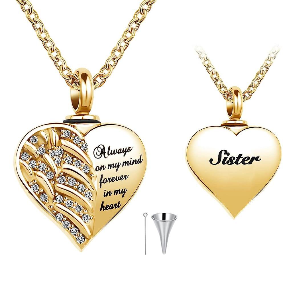 10K Yellow Gold Cubic Zirconia Angel Wing Personal Engraving Heart Urn Necklace for Ashes