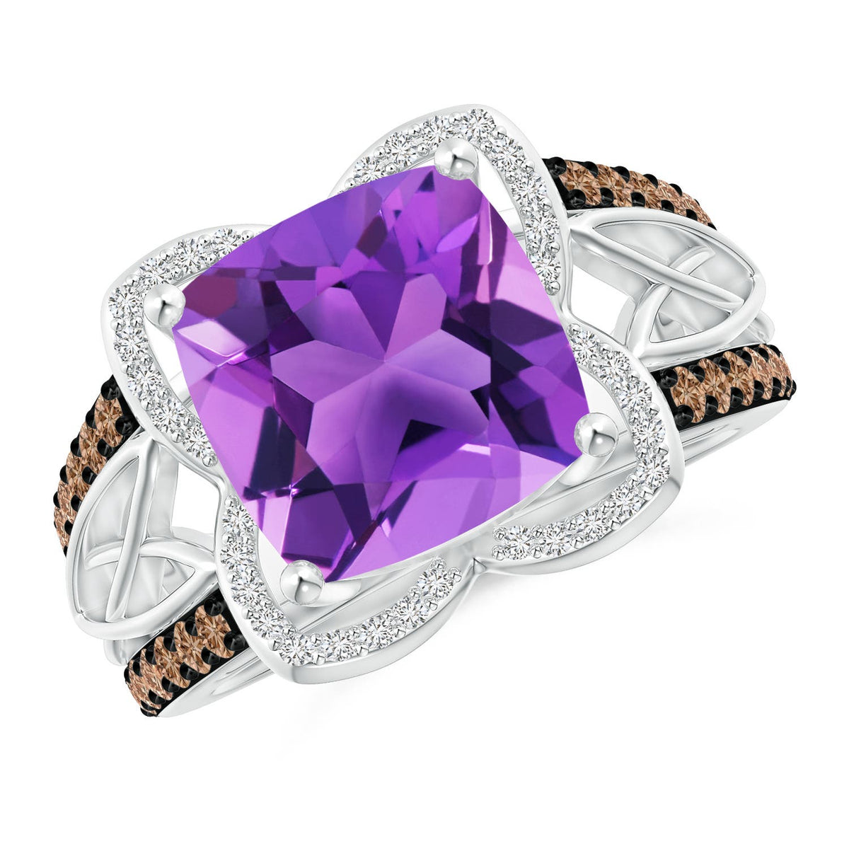 3.27 CTW Cushion Amethyst Solitaire Ring with Diamond Accents in 14K White Gold