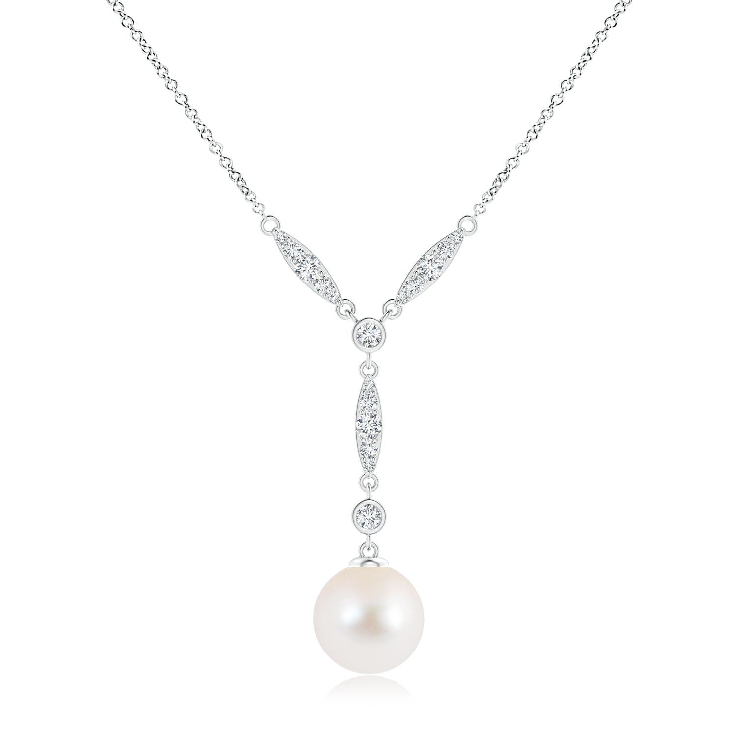 10 MM Freshwater Pearl Lariat Style Necklace with Diamonds in Silver