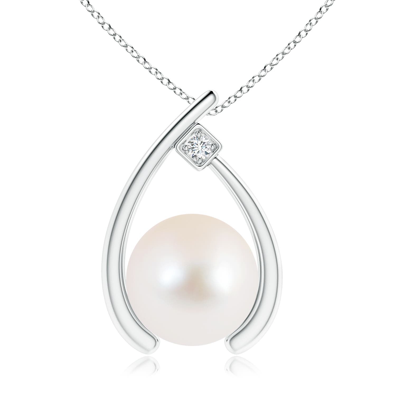 10 MM Freshwater Pearl Wishbone Pendant with Diamond in Silver