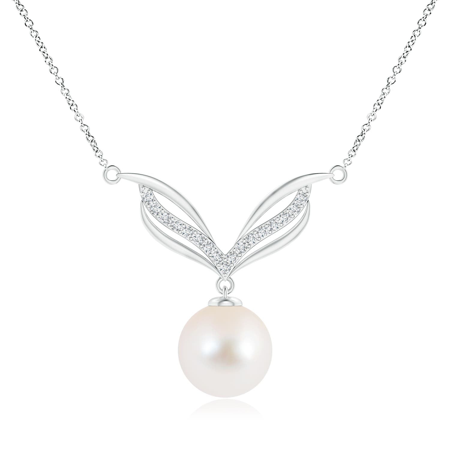 10 MM Freshwater Pearl Angel Wings Necklace with Diamonds in Silver