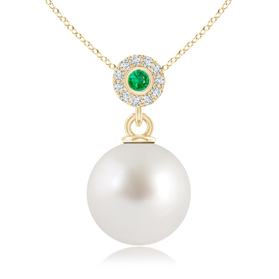 South Sea Pearl Halo Pendant with Bezel Emerald
