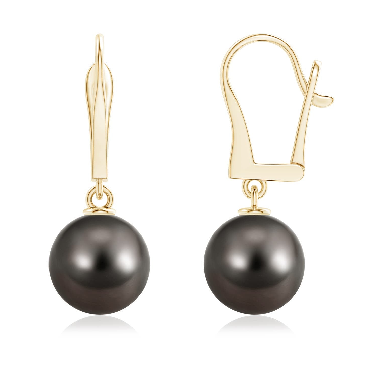 10 MM Solitaire Tahitian Cultured Pearl Leverback Dangle Earrings in 18K Yellow Gold