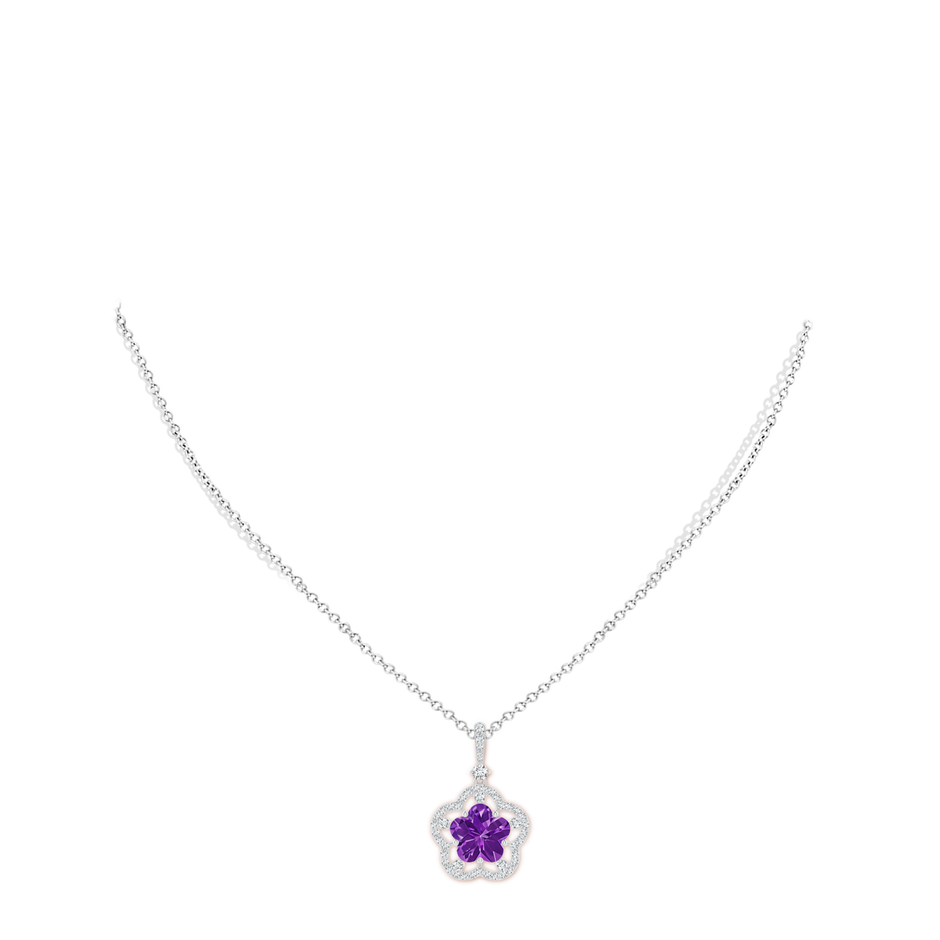 Five-Petal Flower Amethyst and Diamond Halo Pendant