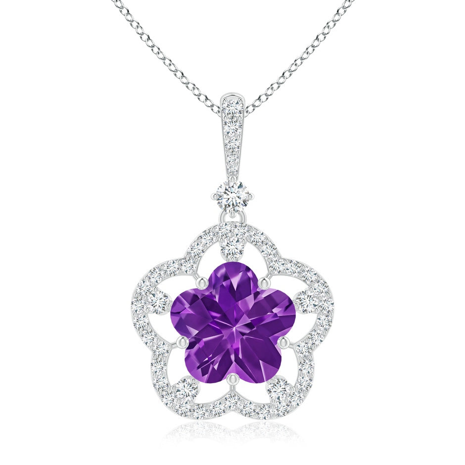 Five-Petal Flower Amethyst and Diamond Halo Pendant