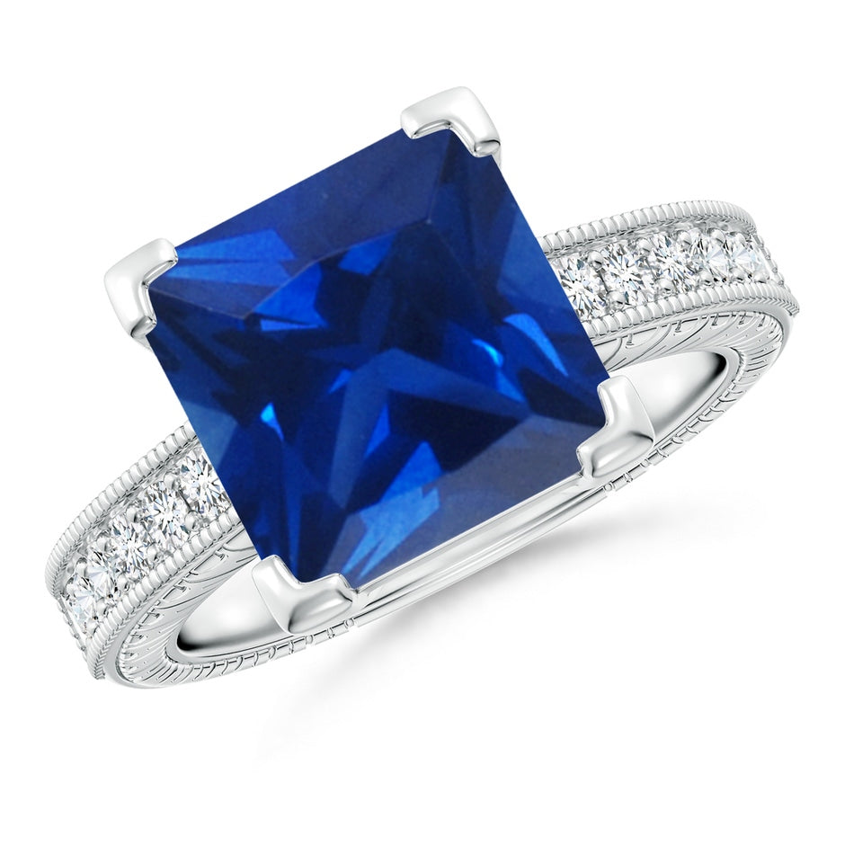 Lab-Grown Square Cut Blue Sapphire Solitaire Ring with Milgrain Detailing