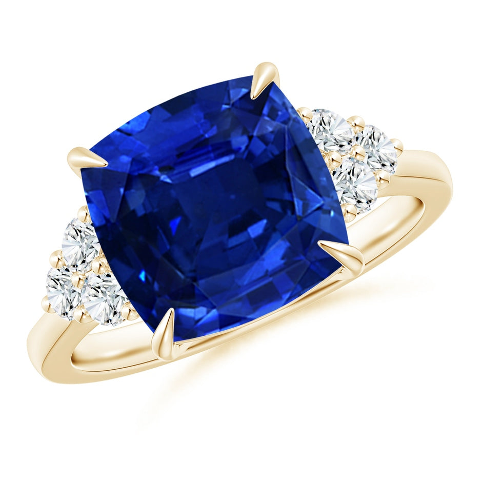 Lab-Grown Cushion Blue Sapphire Engagement Ring with Trio Diamonds