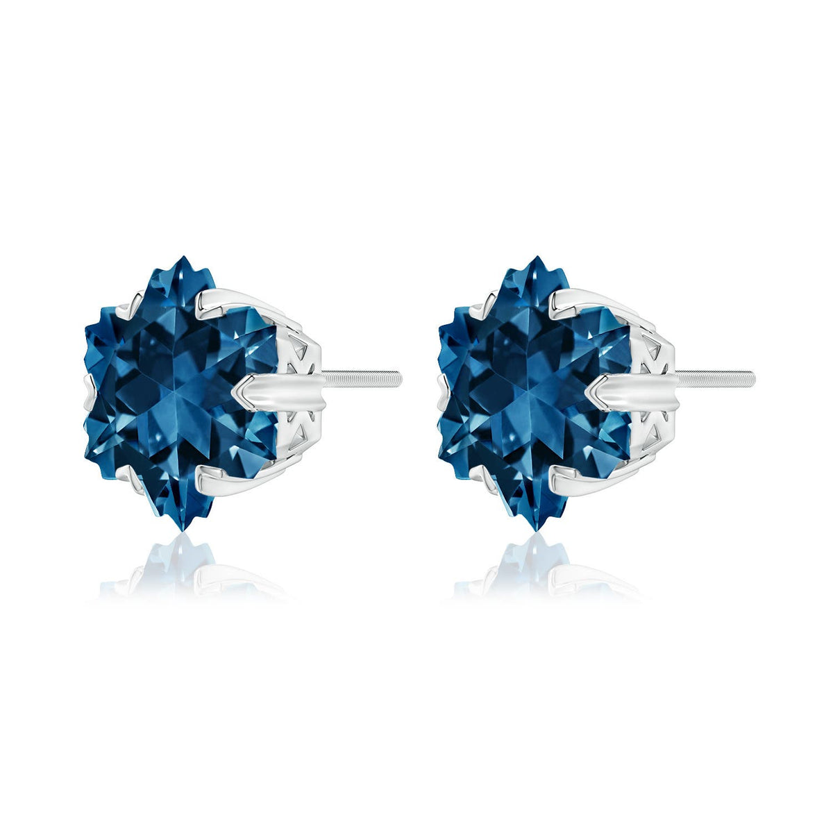 10.8 CTW V-Prong-Set Snowflake-Cut London Blue Topaz Stud Earrings in 18K White Gold