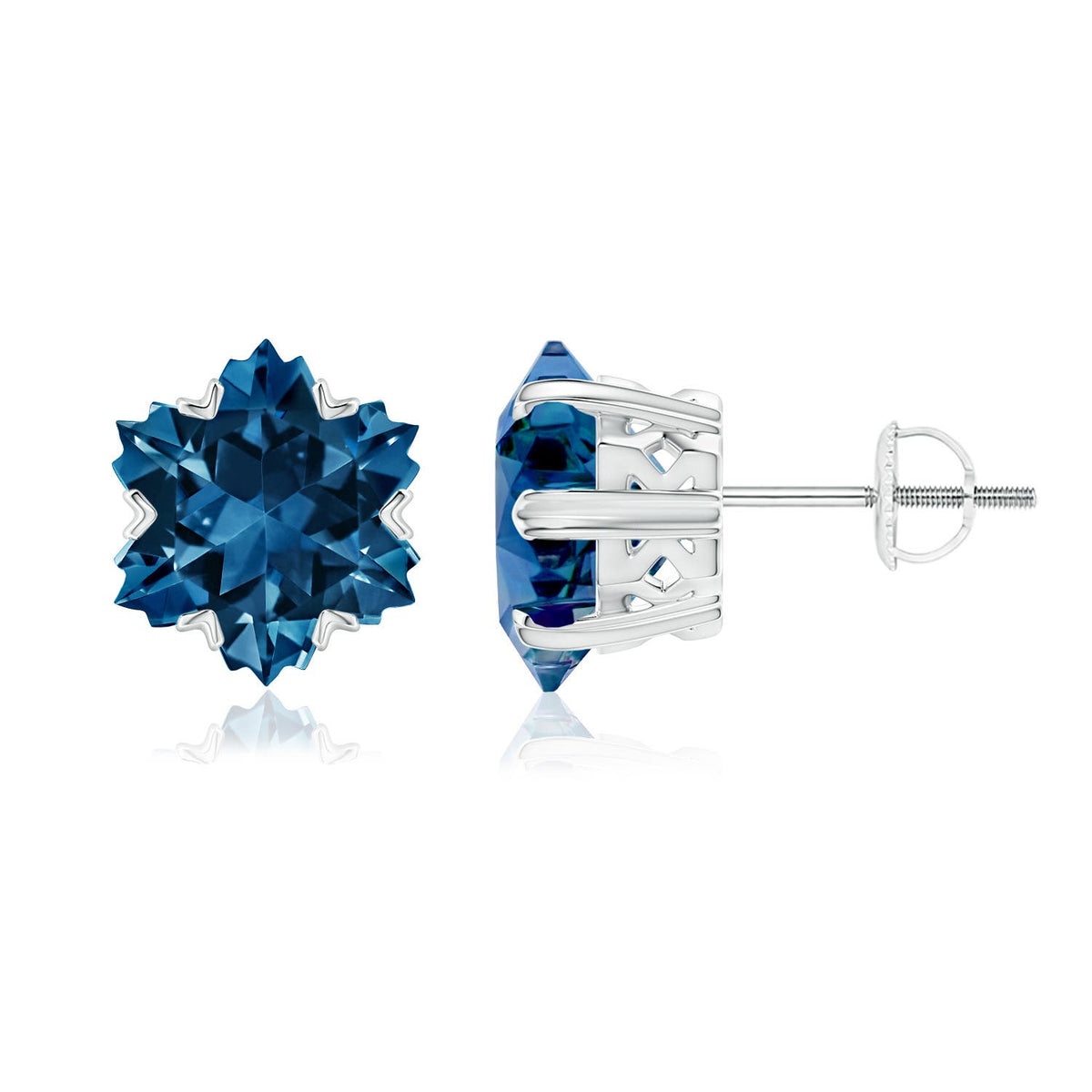 10.8 CTW V-Prong-Set Snowflake-Cut London Blue Topaz Stud Earrings in 18K White Gold