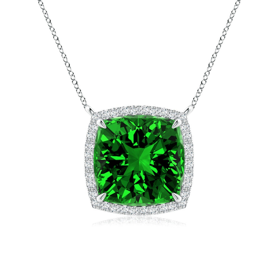Lab-Grown Cushion Emerald Halo Pendant with Filigree