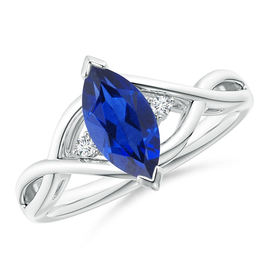 Criss-Cross Marquise Blue Sapphire Solitaire Engagement Ring with Diamonds