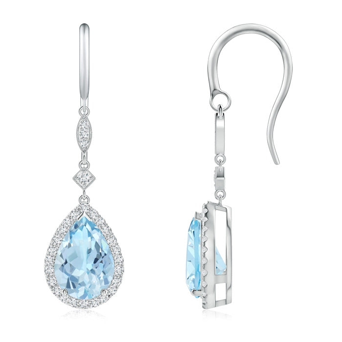 Pear-Shaped Aquamarine Drop Earrings with Diamond Halo