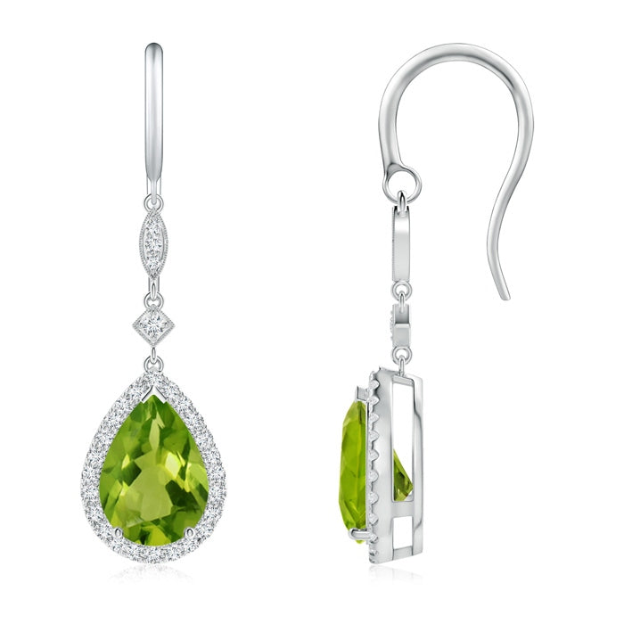 Pear-Shaped Peridot Drop Earrings with Diamond Halo