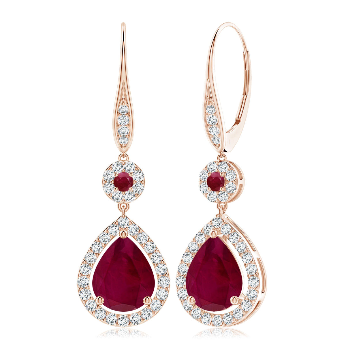 2.89 CTW Prong-Set Round Ruby Leverback Dangle Earrings with Diamond in 14K Yellow Gold