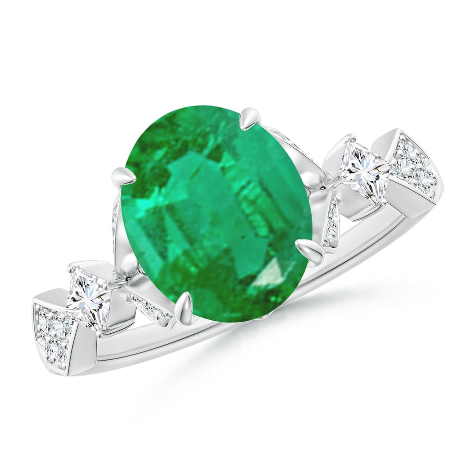 Vintage Style Oval Emerald Engagement Ring with Leaf Motifs