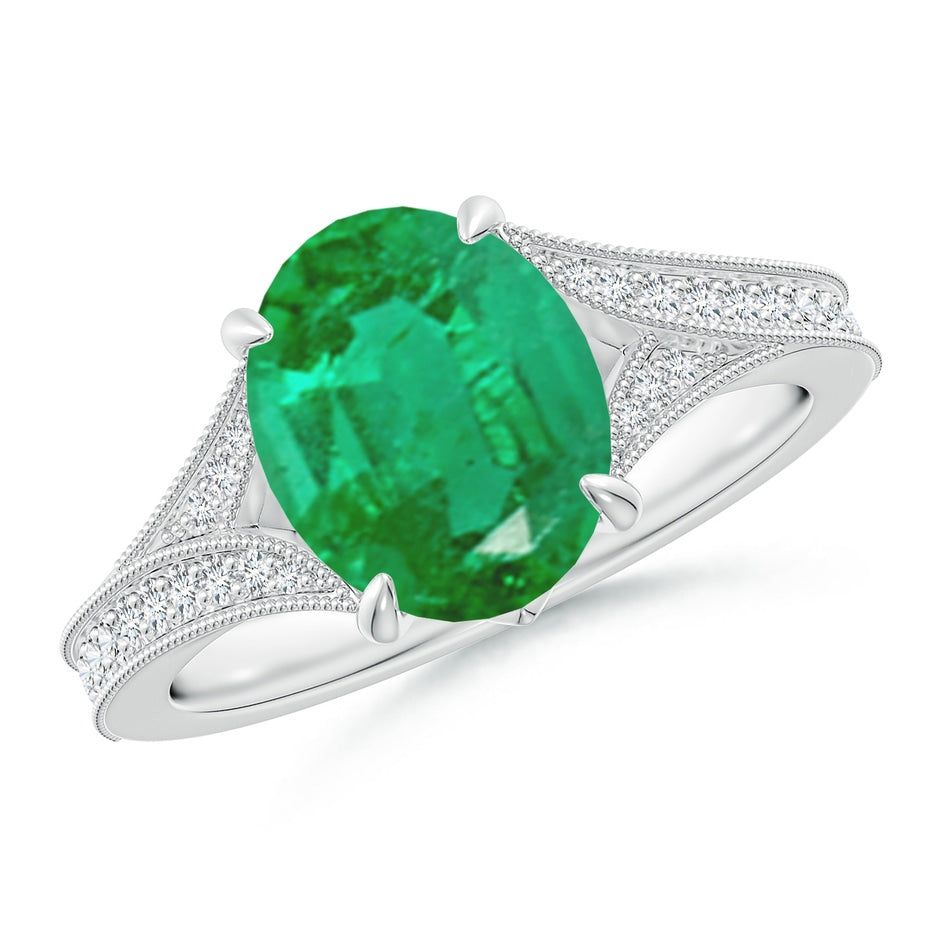 Vintage Inspired Oval Emerald Split Shank Engagement Ring