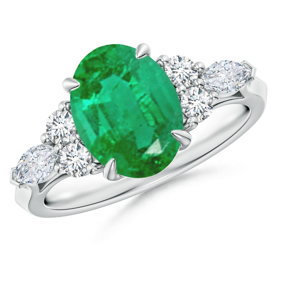 Oval Emerald Side Stone Engagement Ring with Diamonds