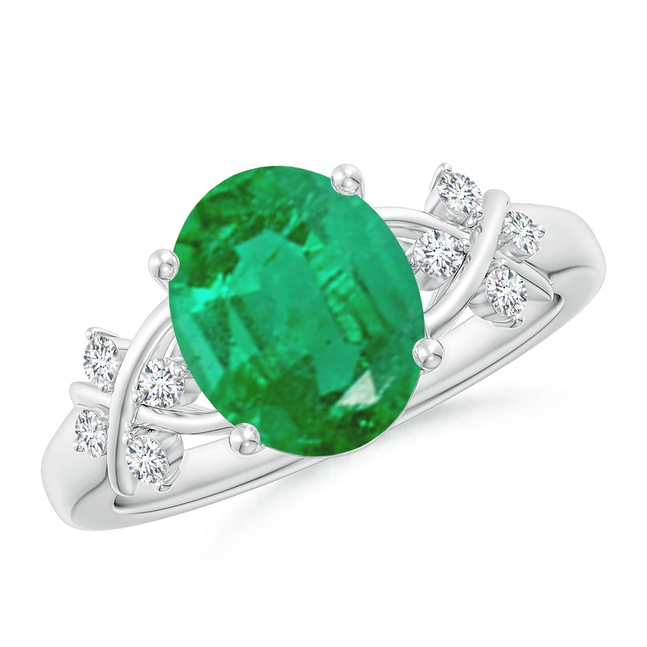 Solitaire Oval Emerald Criss Cross Ring with Diamonds