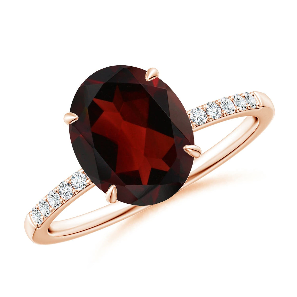 0.67 CTW Solitaire Oval Garnet Twisted Ribbon Ring with Pave Diamond Accents in 14K Rose Gold