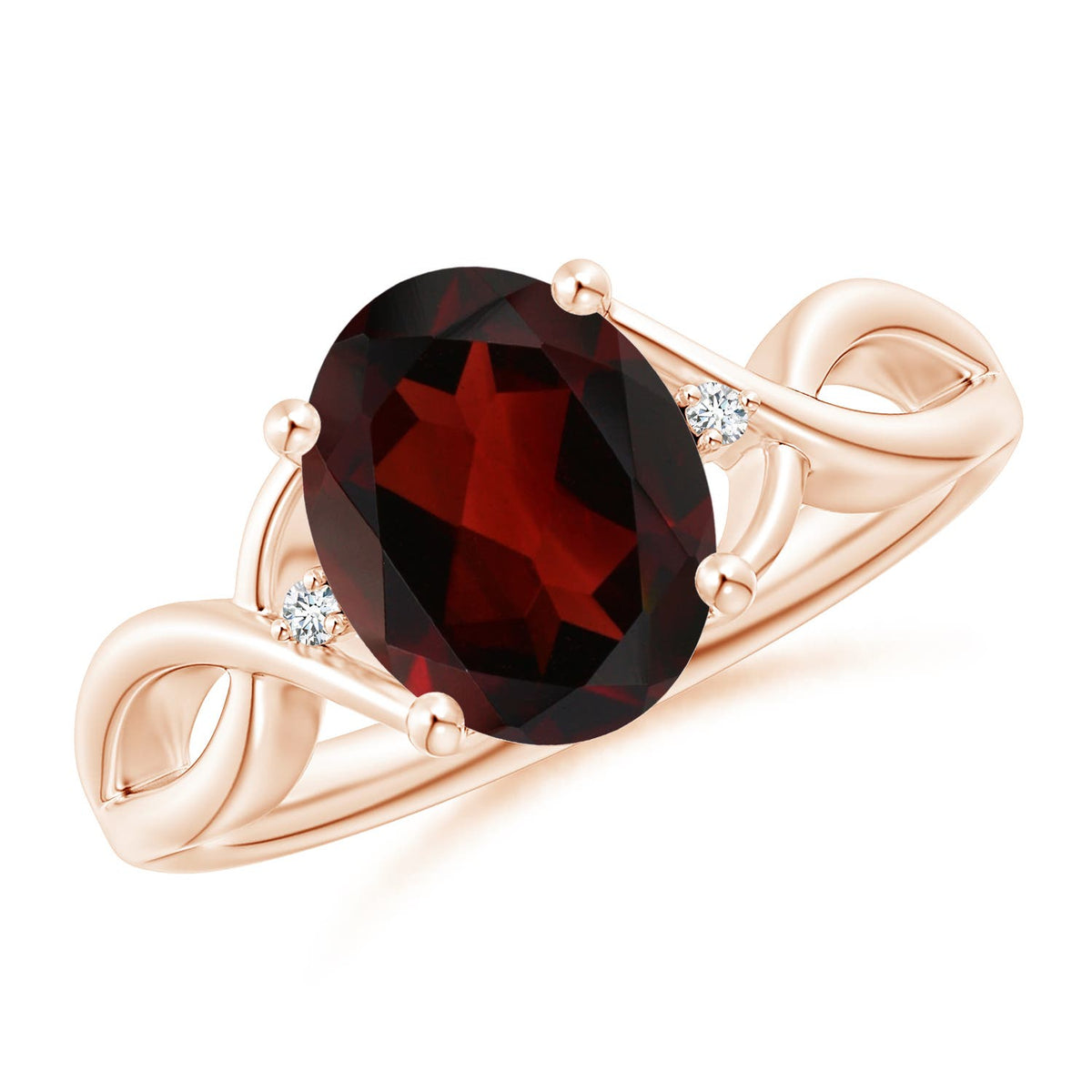 0.67 CTW Solitaire Oval Garnet Twisted Ribbon Ring with Pave Diamond Accents in 14K Rose Gold