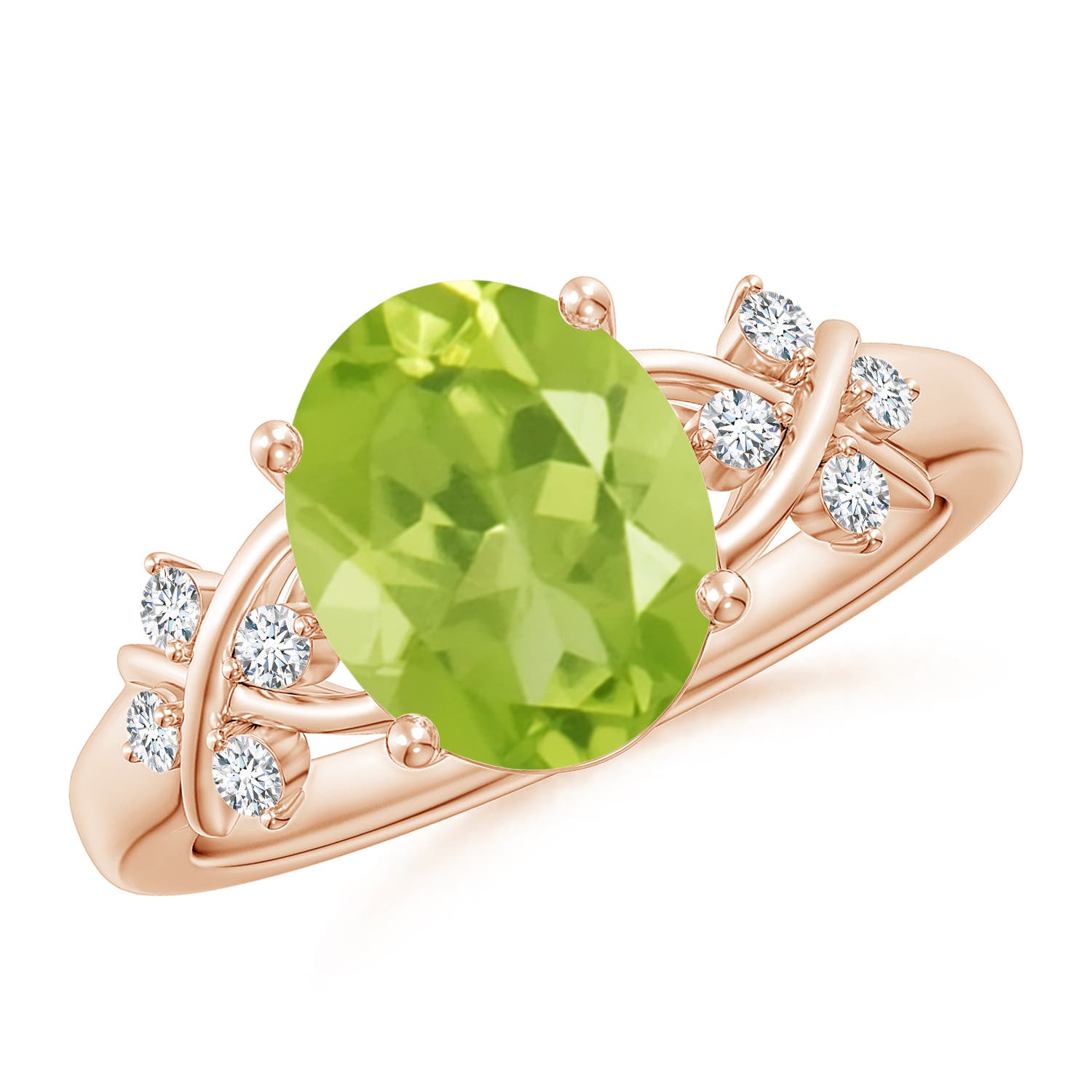 0.62 CTW Oval Peridot Three Stone Bypass Ring with Diamonds in 14K Rose Gold
