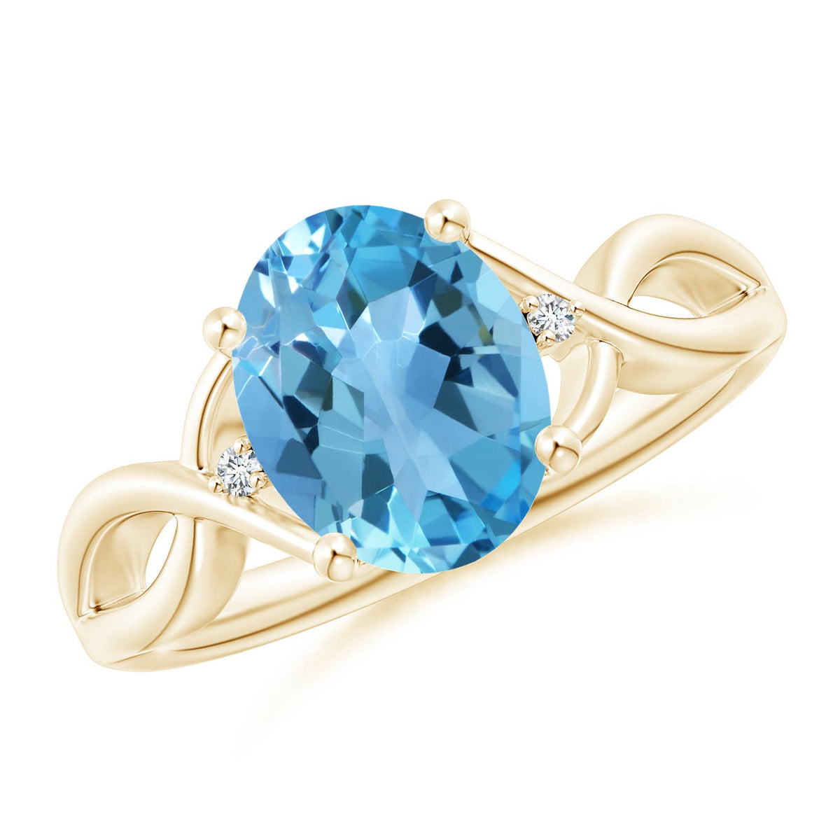 1.03 CTW Solitaire Oval Swiss Blue Topaz Ring with Trio Diamond Accents in 14K Yellow Gold