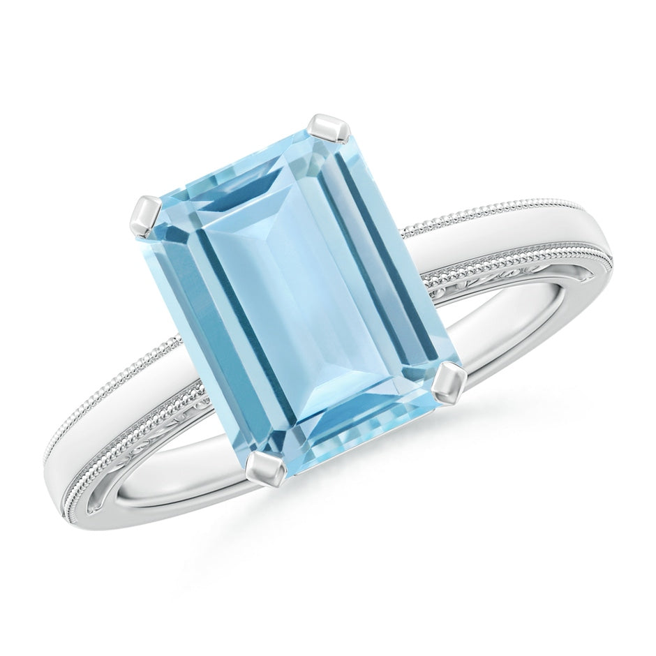 Emerald-Cut Aquamarine Solitaire Engagement Ring with Milgrain