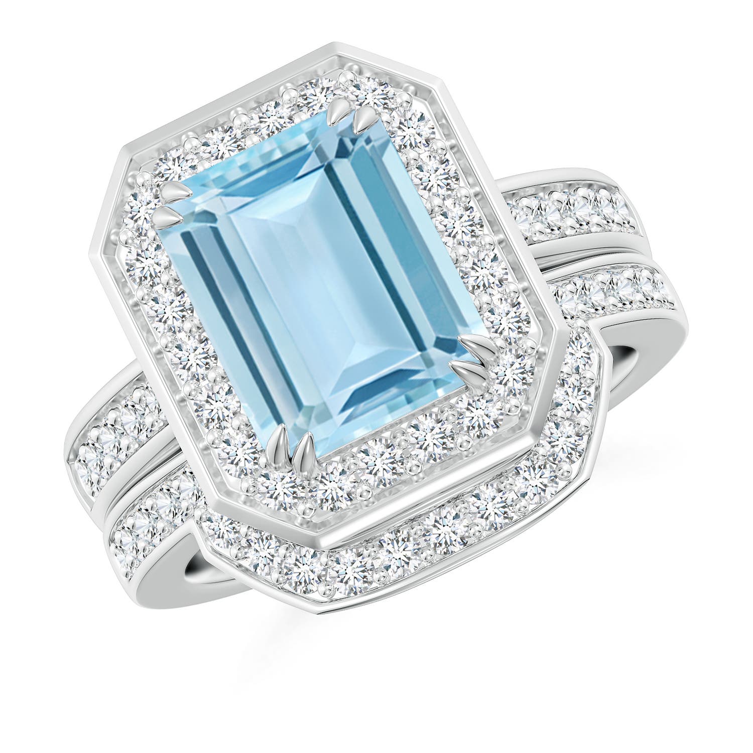 2.2 CTW Emerald-Cut Aquamarine Ring with Diamonds in 14K White Gold