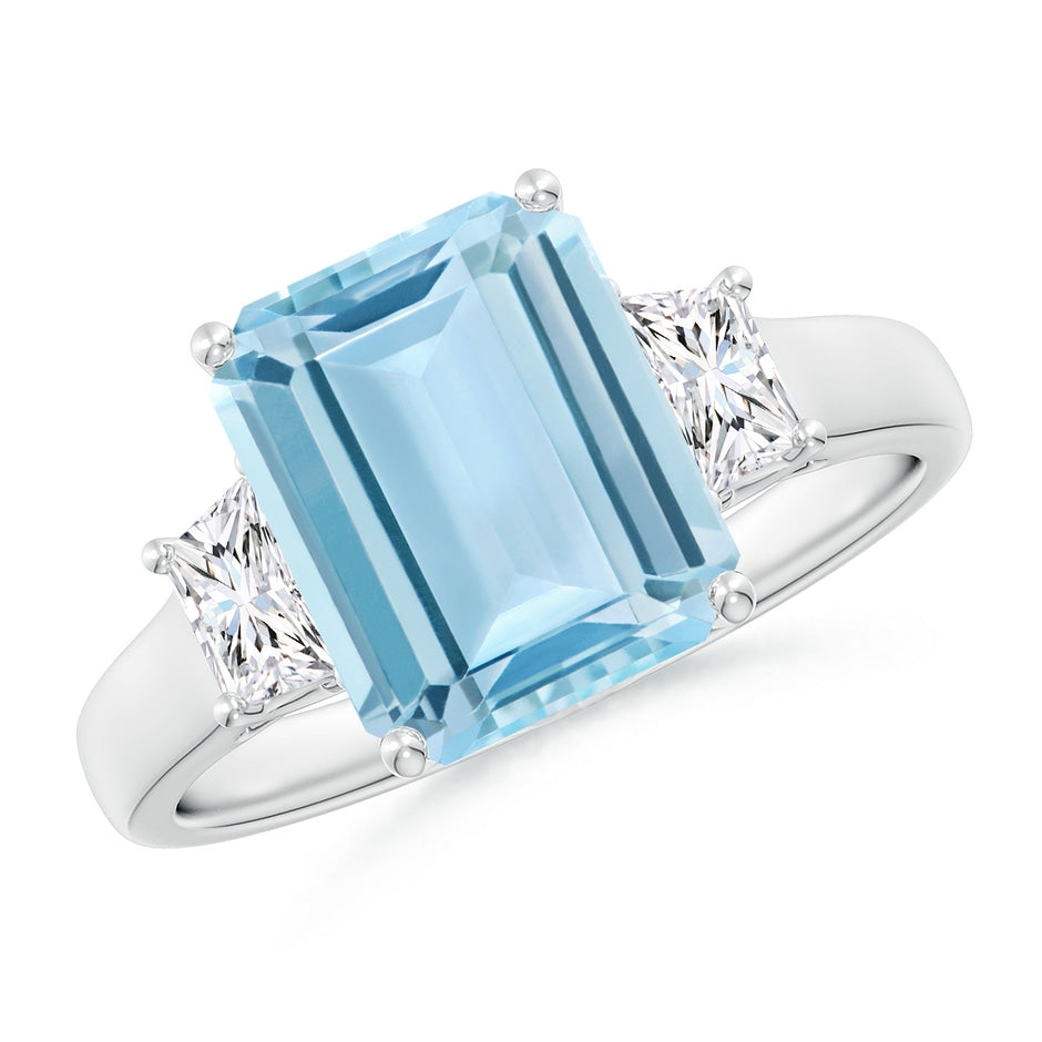 Three Stone Emerald-Cut Aquamarine and Diamond Engagement Ring