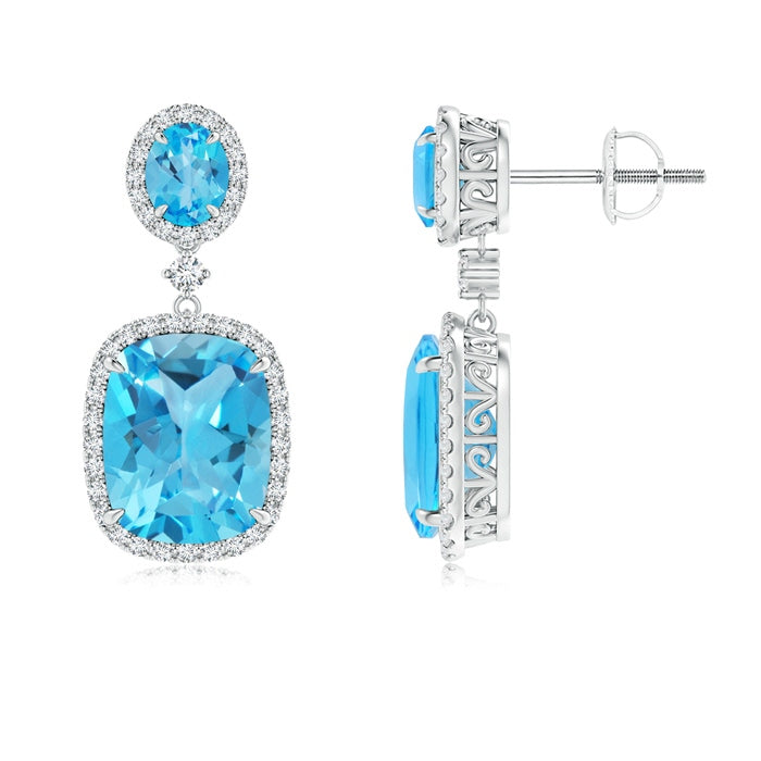 Two Tier Claw-Set Swiss Blue Topaz Dangle Earrings with Diamond Halo
