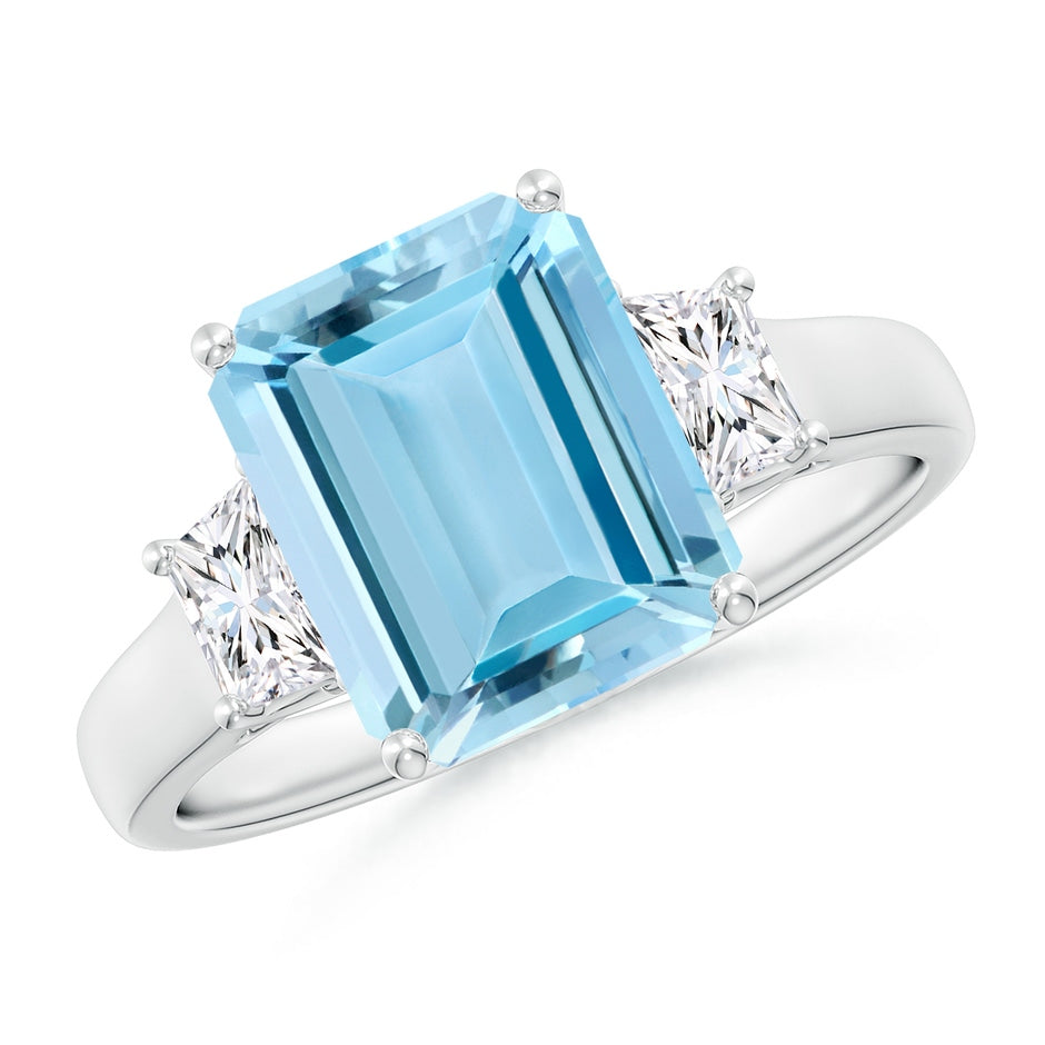 Three Stone Emerald-Cut Aquamarine and Diamond Engagement Ring