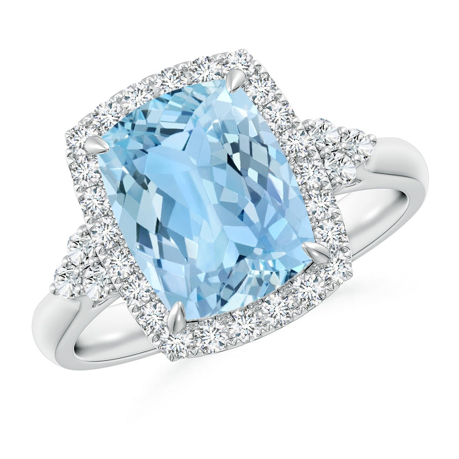 Cushion Aquamarine Halo Ring with Trio Diamonds