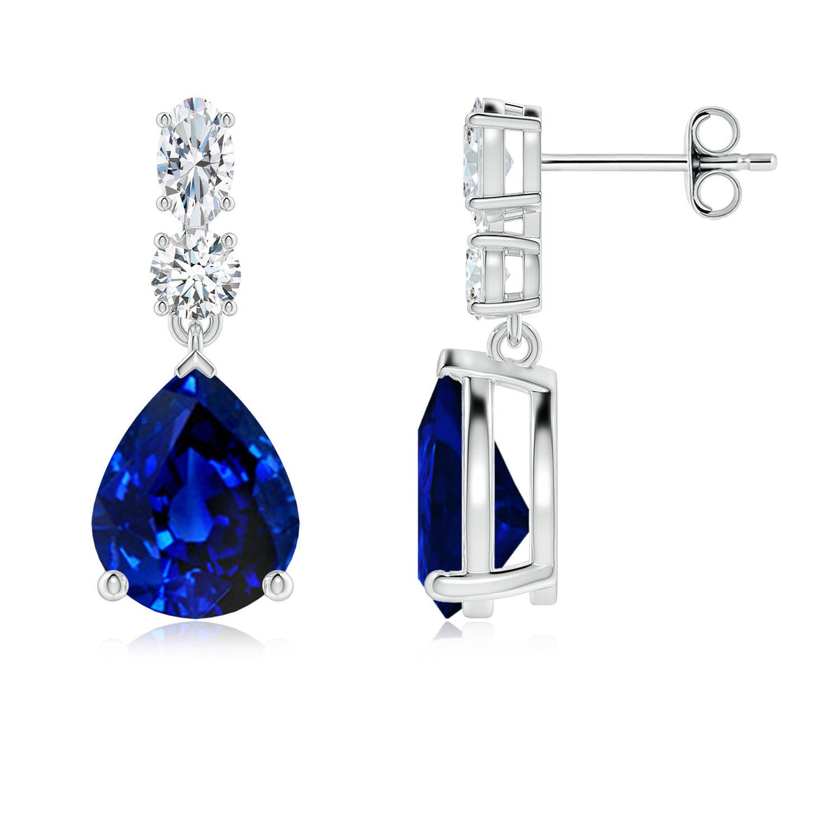 6.74 CTW Prong-Set Pear Blue Sapphire Dangle Earrings with Diamonds in 18K White Gold