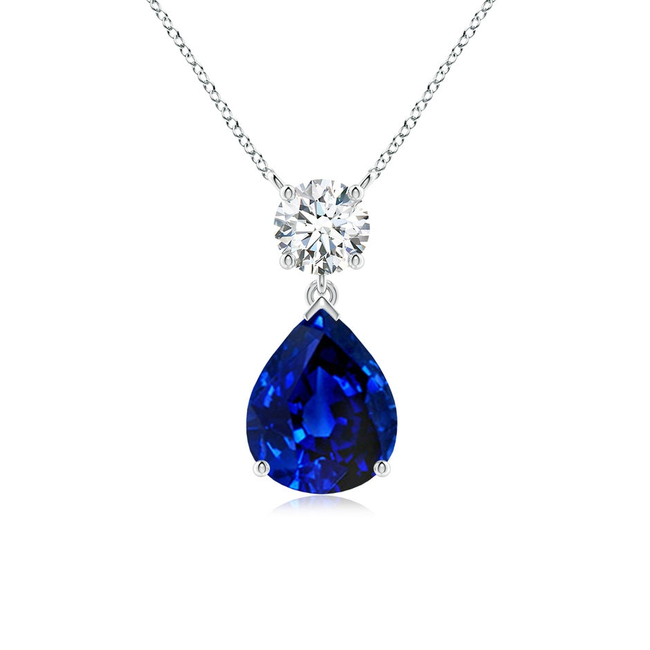 Lab-Grown Solitaire Pear Blue Sapphire Drop Pendant with Lab Diamond Accent