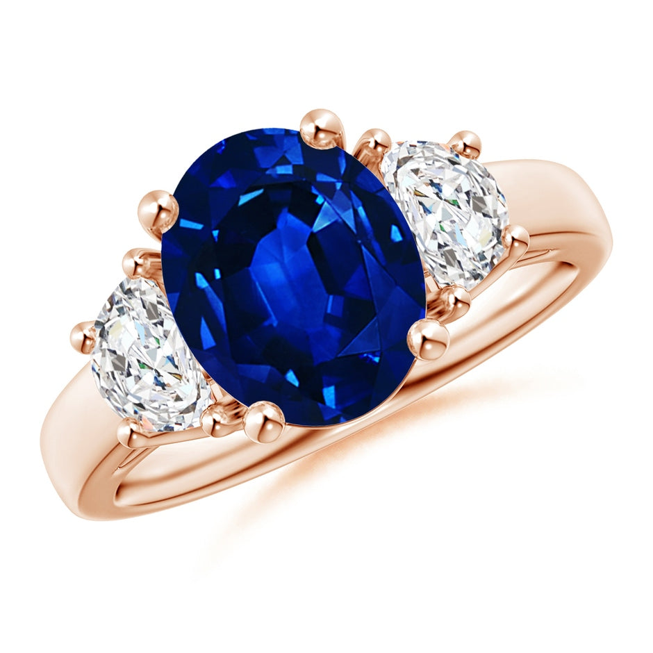 Lab-Grown Three Stone Oval Blue Sapphire and Half Moon Lab Diamond Ring