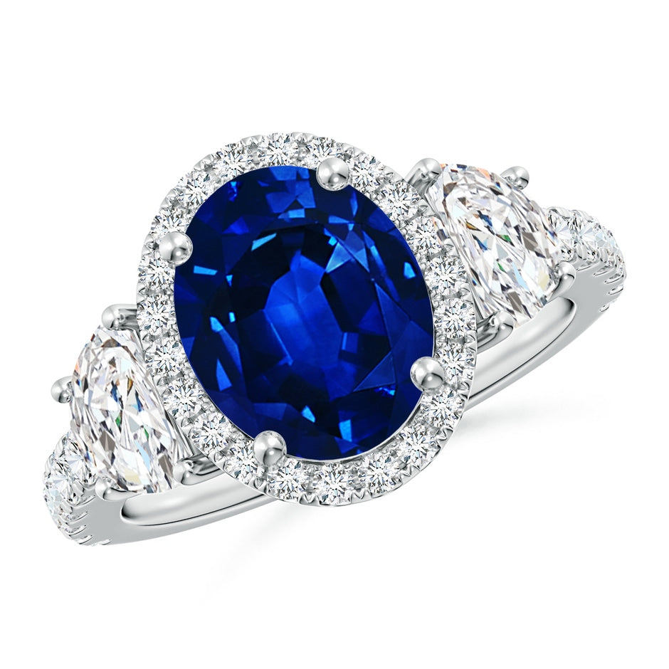 Oval Lab-Grown Blue Sapphire and Half Moon Diamond Halo Engagement Ring