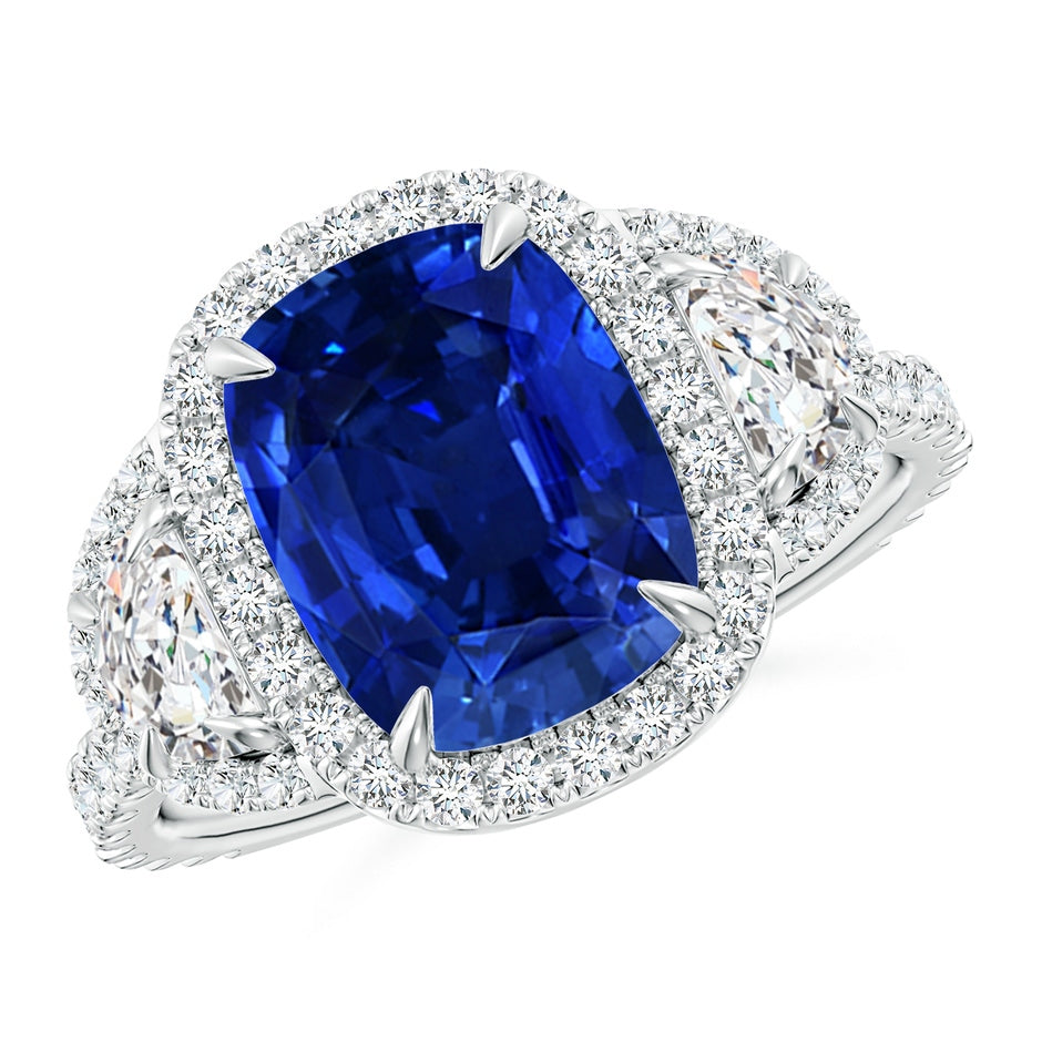 Lab-Grown Cushion Blue Sapphire and Half Moon Diamond Halo Ring