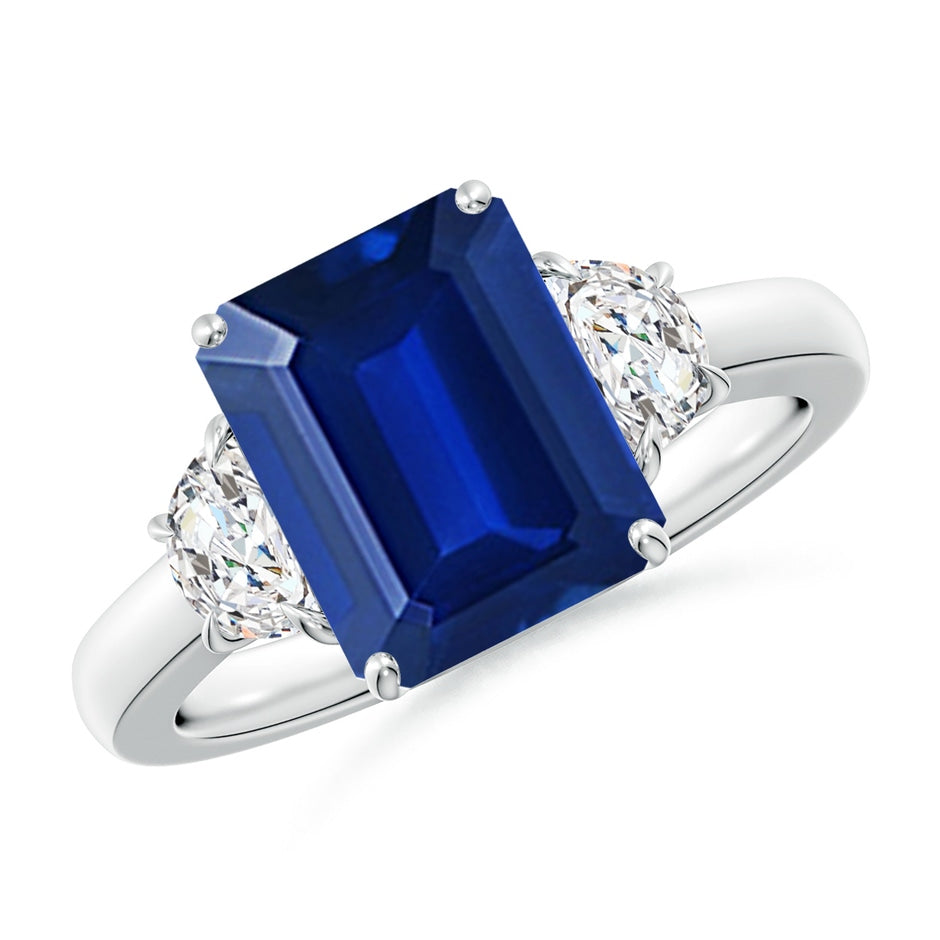 Lab-Grown Emerald-Cut Blue Sapphire and Half Moon Lab Diamond Three Stone Ring