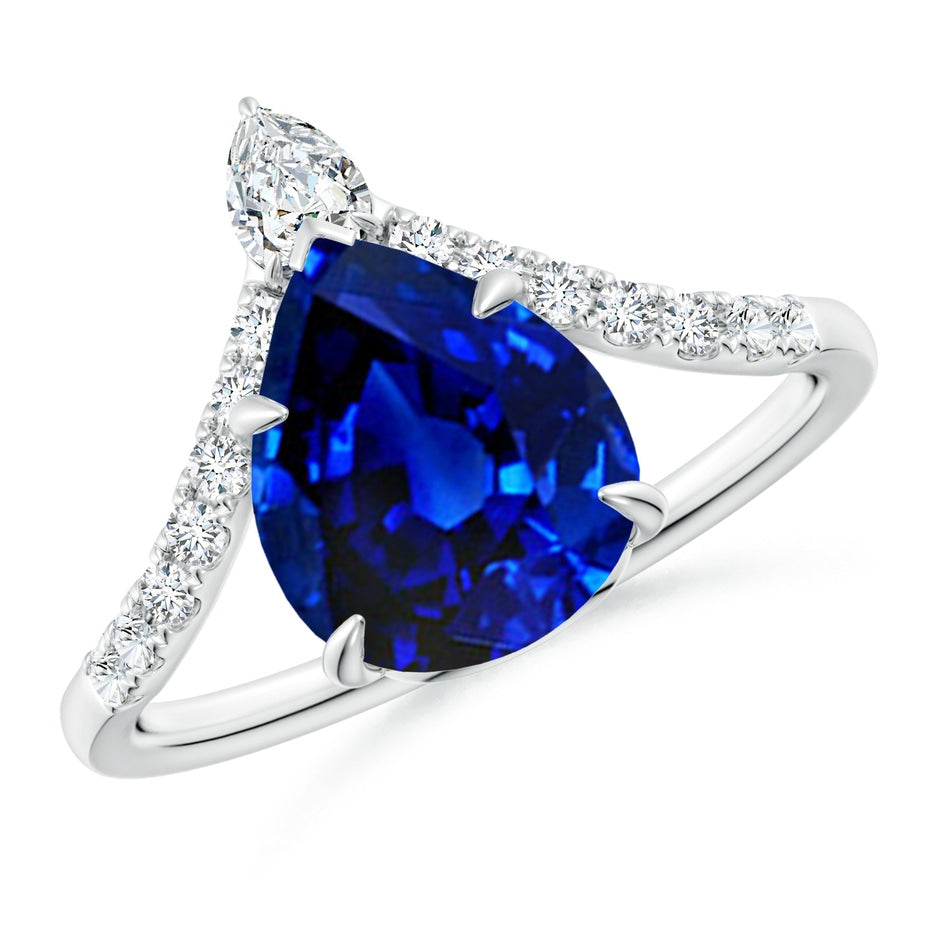 Lab-Grown Pear Blue Sapphire and Diamond Chevron Engagement Ring
