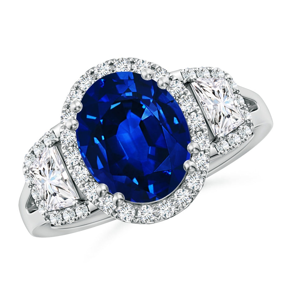 Three Stone Oval Lab-Grown Blue Sapphire and Trapezoid Diamond Halo Engagement Ring