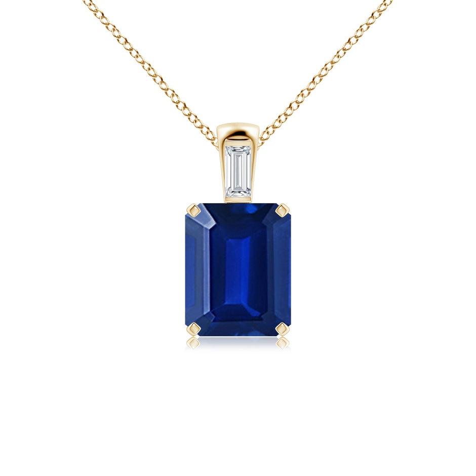 Emerald-Cut Lab-Grown Blue Sapphire Pendant with Baguette Diamond