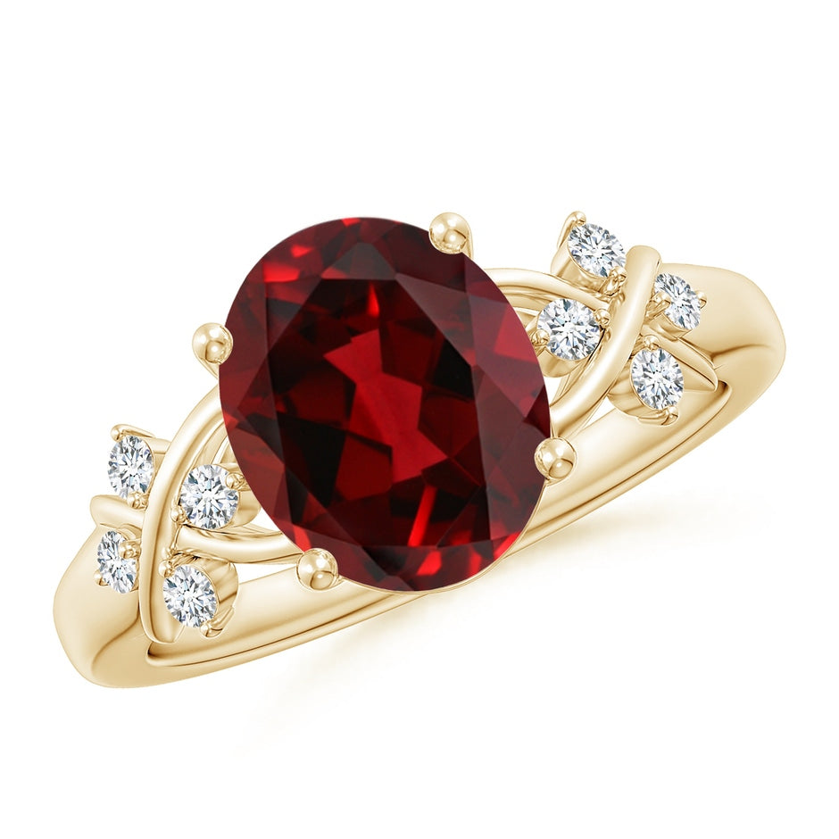 Solitaire Oval Garnet Criss Cross Ring with Diamonds