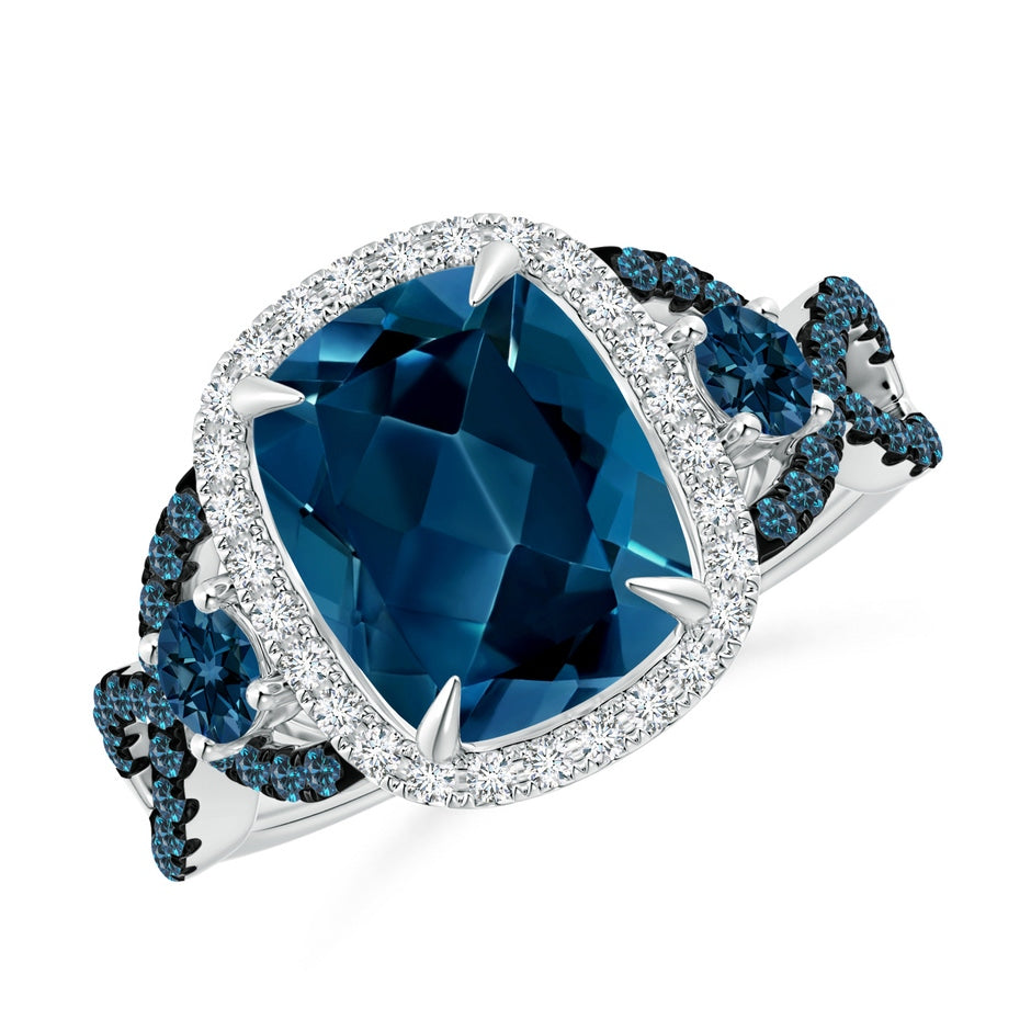 Cushion London Blue Topaz Crossover Ring with Diamond Halo