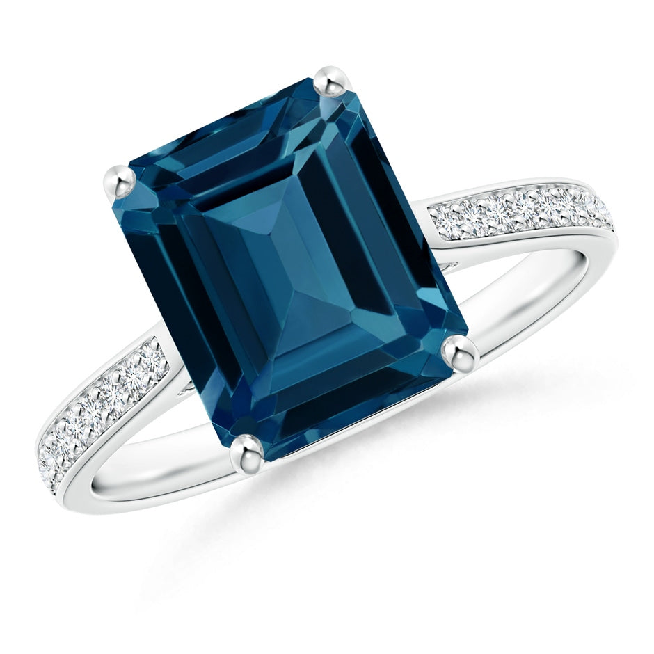 Emerald-Cut London Blue Topaz Cocktail Ring with Diamonds