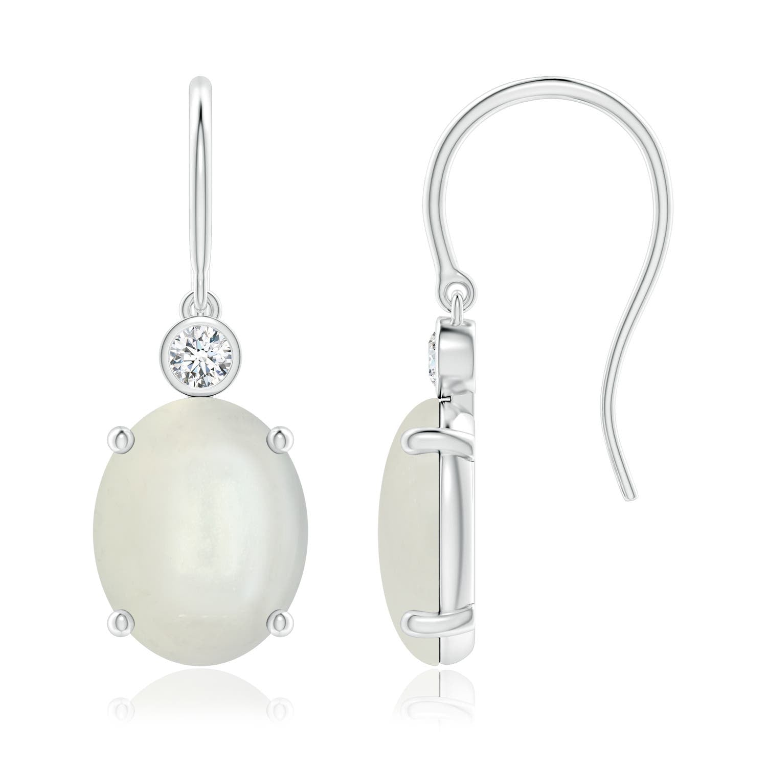 0.94 CTW Prong-Set Round Moonstone Leverback Dangle Earrings with Diamond in 18K White Gold